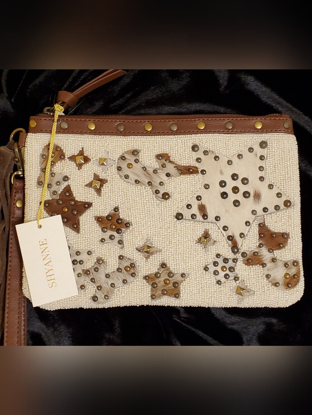Shyanne Cream Beaded Star Stud Wristlet in Brown Leather & Cowhide